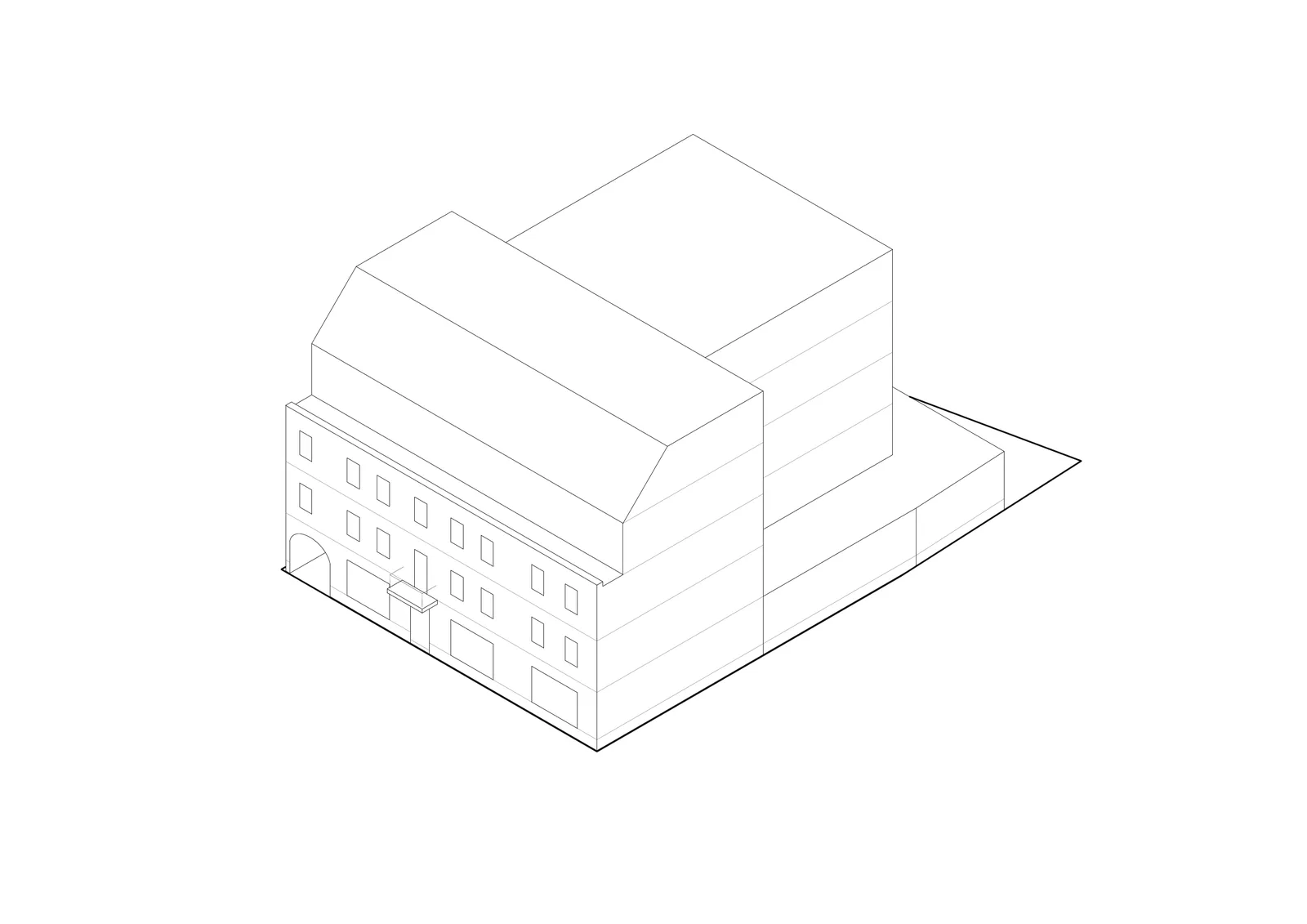 Drawing: design evolution stage 5 axonometric showing continued cascading form with second residential volume stepping further back from the street