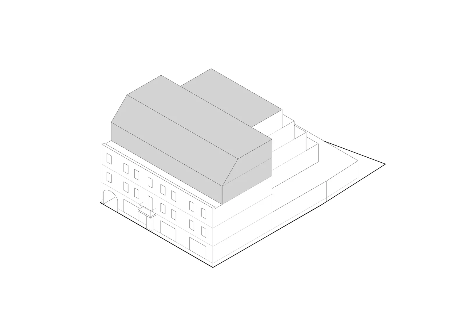 Drawing: design evolution stage 6 axonometric showing the near-complete cascading form with dormer windows and upper floor volumes approaching final massing
