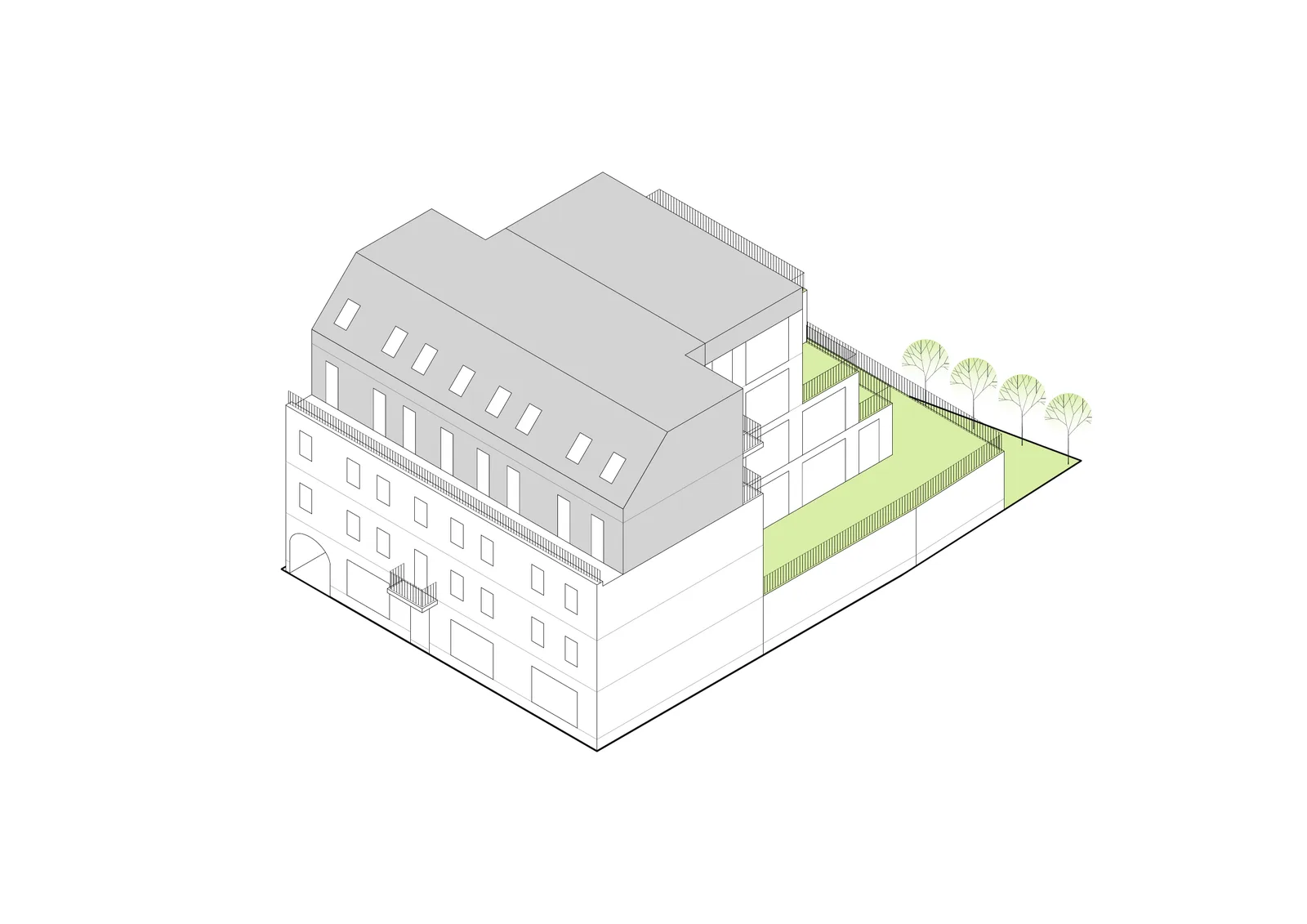 Drawing: design evolution stage 7 axonometric showing completed building with restored heritage facade, green terrace planting, courtyard garden, and full cascading profile