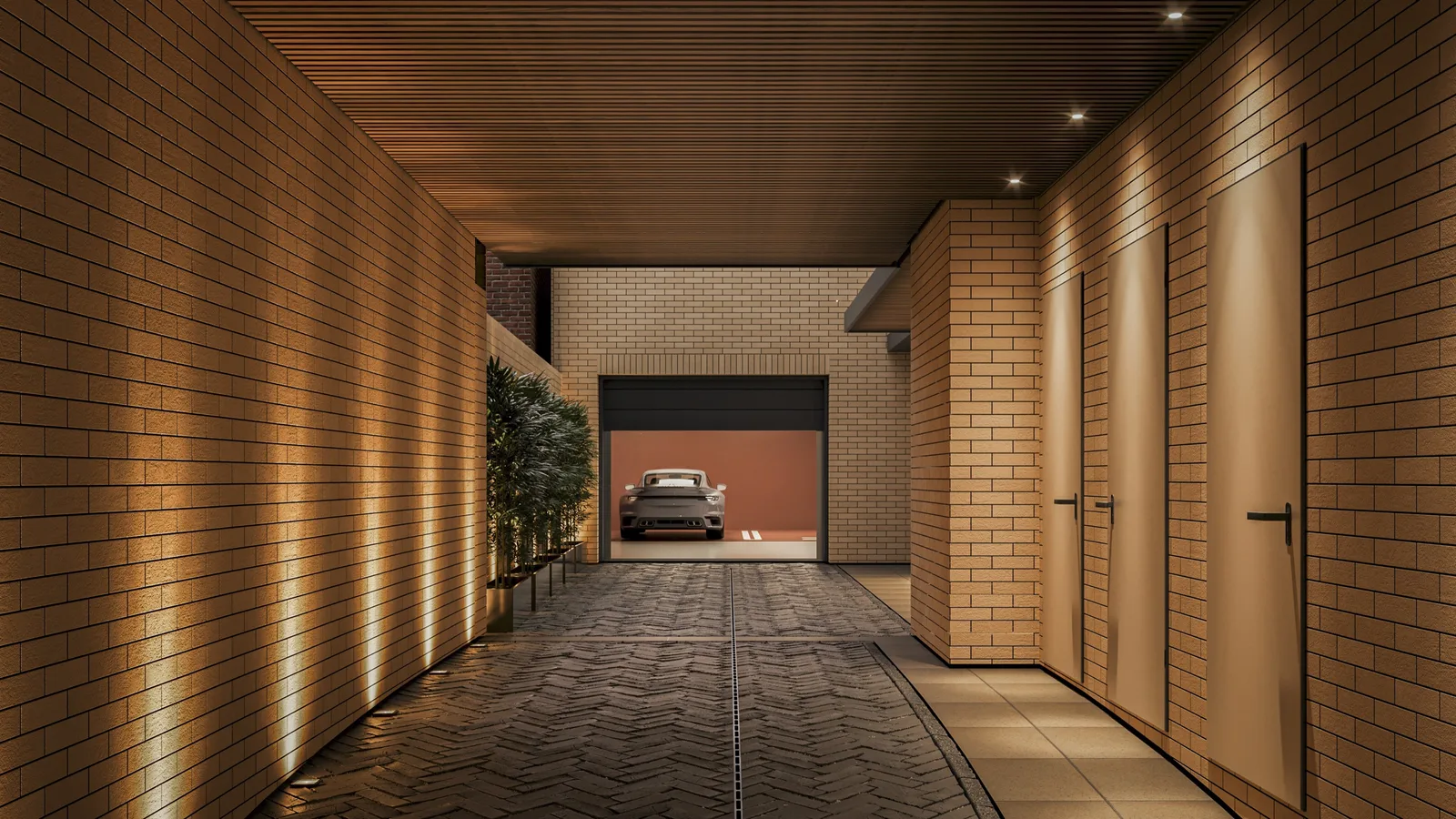 Render: bathroom interior visualization with Ariostea porcelain wall tiles, freestanding bathtub, and skylight washing natural light across stone surfaces