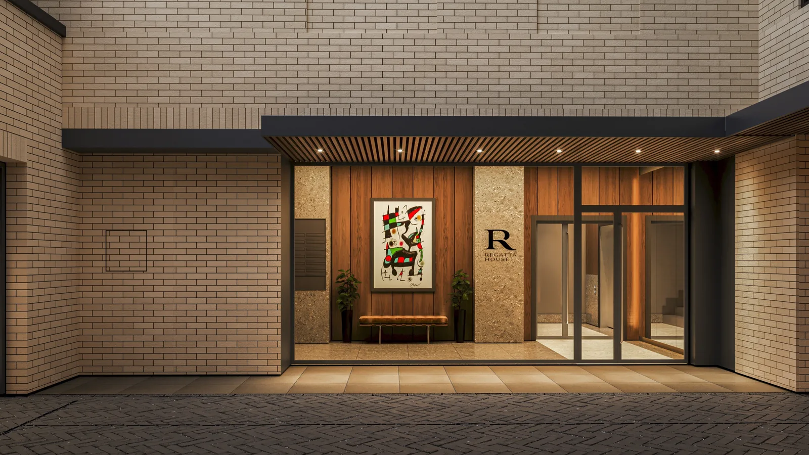 Render: staircase and corridor visualization with walnut wall panels, LED strip lighting integrated into lamella ceiling, and polished stone floor