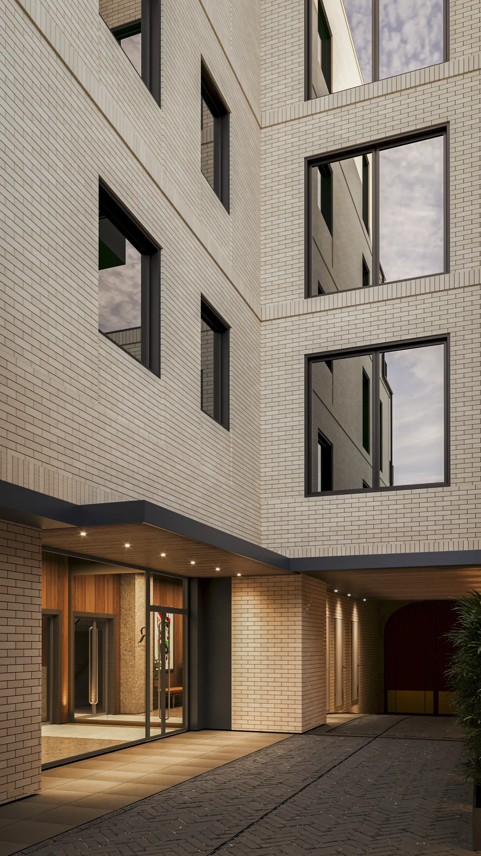 Render: ground floor commercial unit visualization showing large heritage-proportioned storefront windows, high ceiling volume, and street-level activation