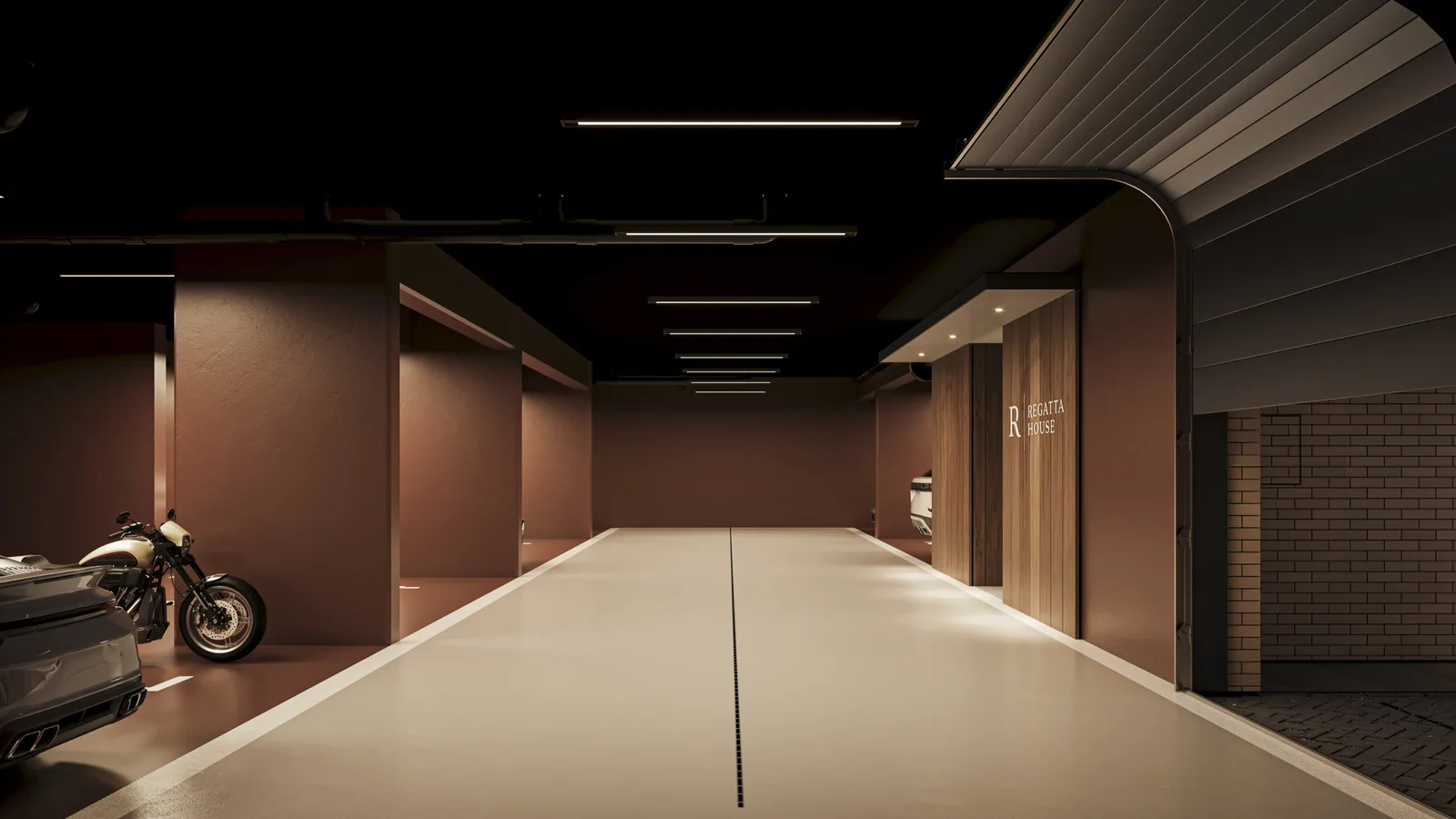 Render: courtyard perspective visualization at twilight showing warm light from ground-floor apartments, silhouetted planting, and the cascading rear elevation