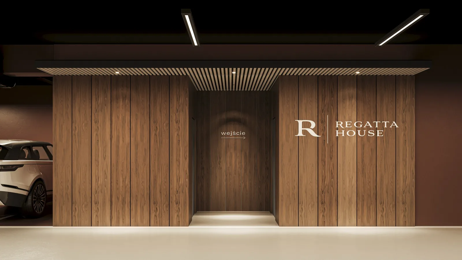 Render: entrance lobby detail visualization showing Regatta House logo placement, walnut panel wall, mailbox enclosure, and video intercom system