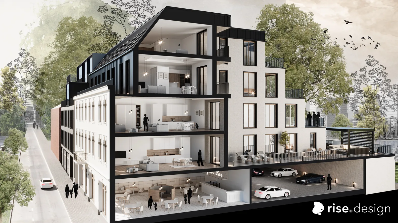 Render: courtyard exterior visualization showing restored heritage facade with period windows, designed garden with specimen planting, and contemporary rear extension rising in cascading terraces