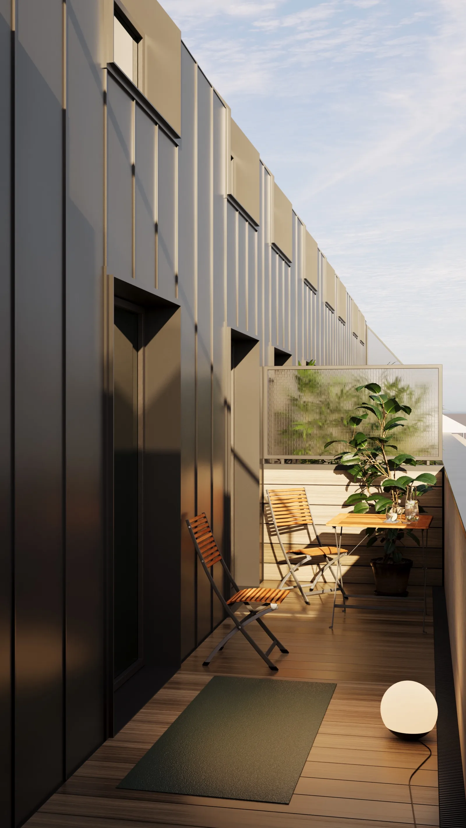 Render: aerial courtyard visualization showing the cascading massing strategy from above, with green terraces stepping down toward the river and mature courtyard planting