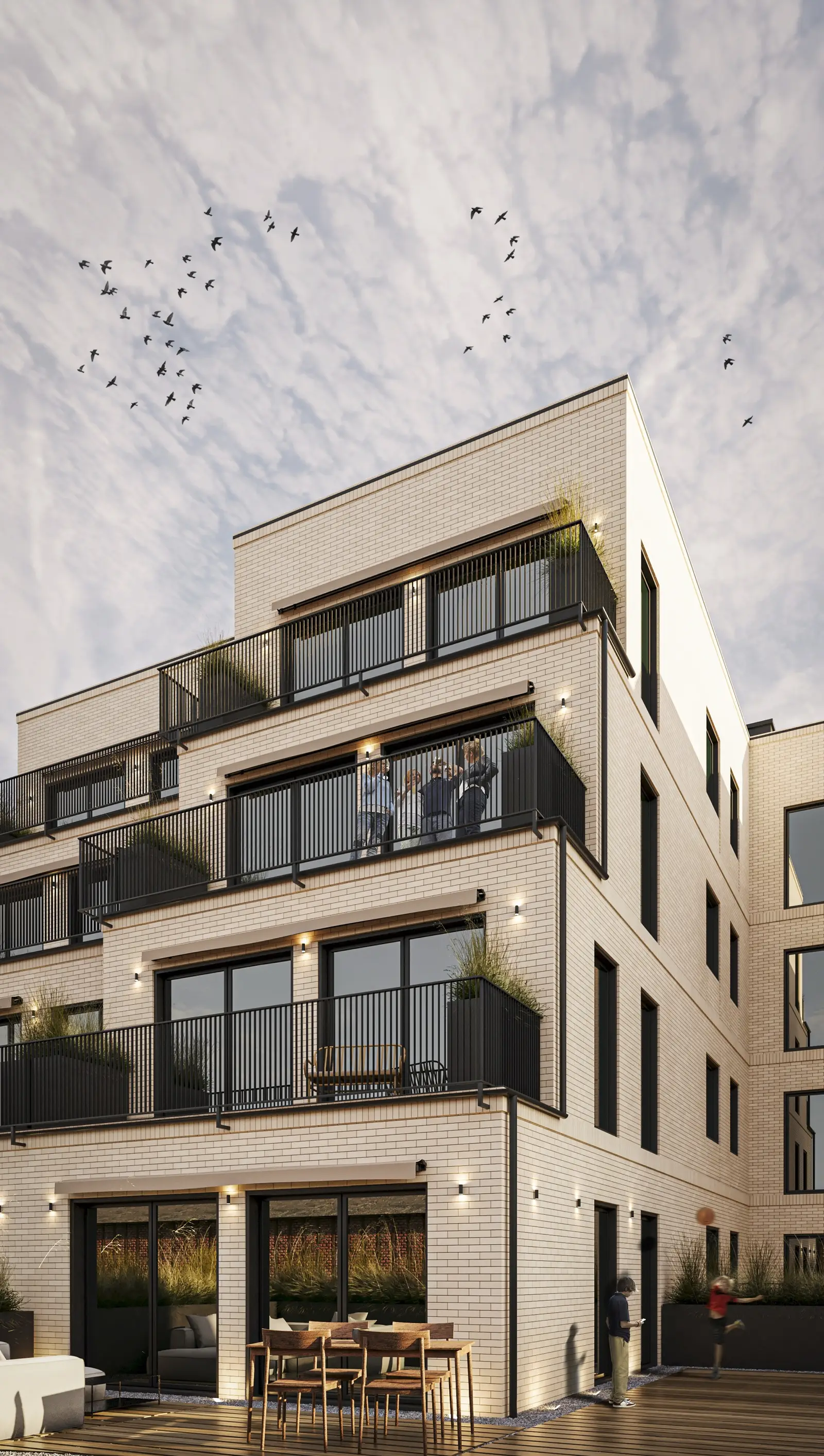 Render: courtyard garden visualization at eye level showing designed planting beds, stone paving patterns, and the interplay between heritage and contemporary facades