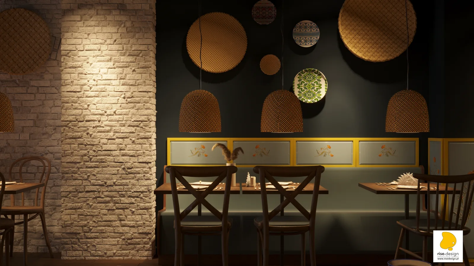 Detail: Blue and Yellow concept page showing pendant lighting selection, ceiling treatment, and atmospheric lighting strategy