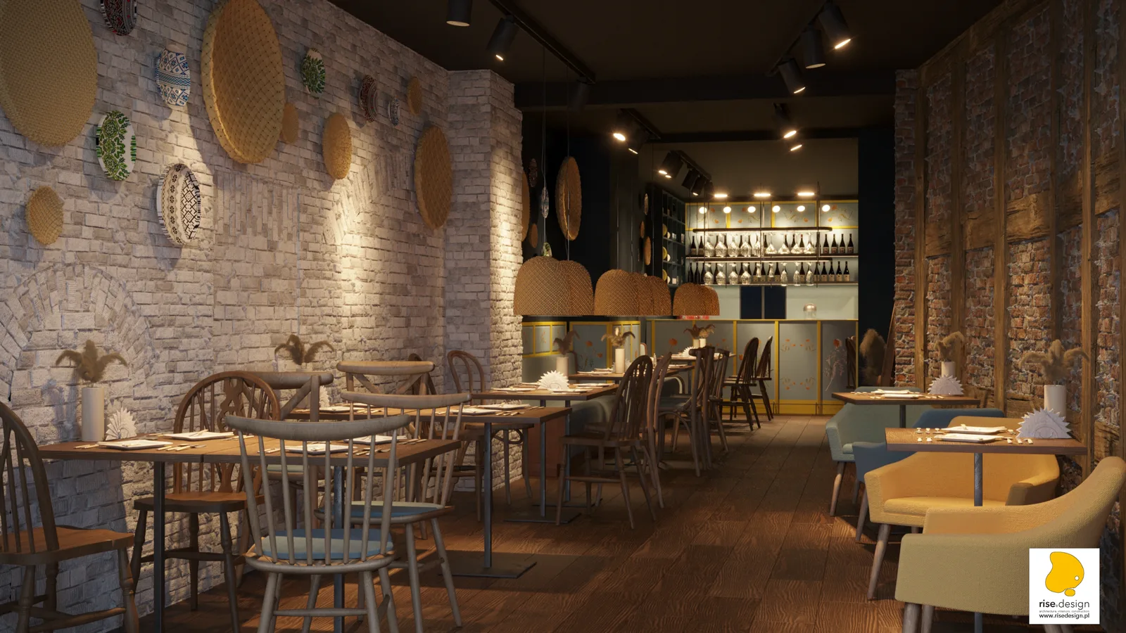 Gallery: Blue and Yellow concept render showing bar area with folk art cassette panel front, bottle shelving, and wicker pendants