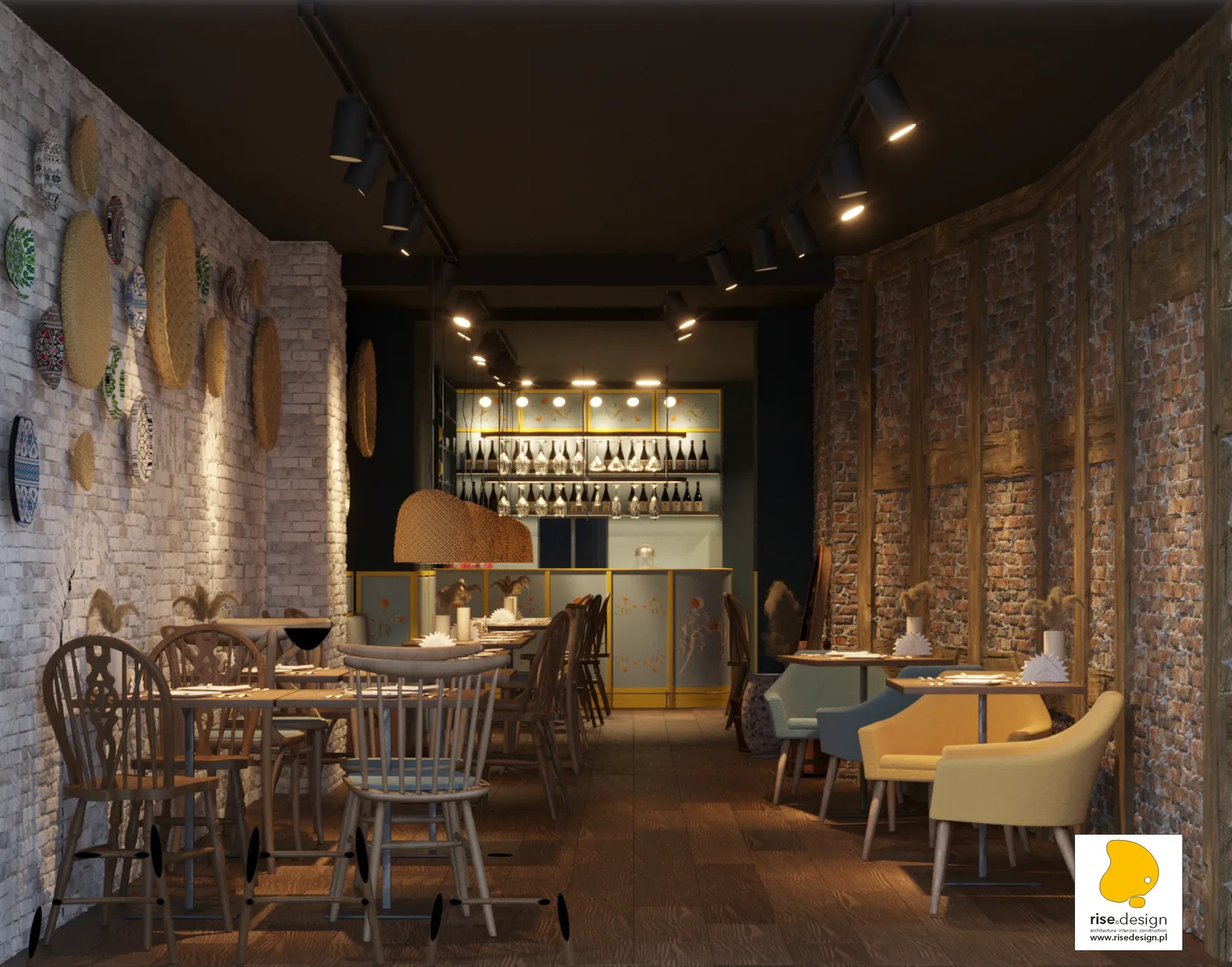 Gallery: render showing bar counter and folk art panels with RAL 3015 pink and RAL 5024 blue palette under warm pendant lighting