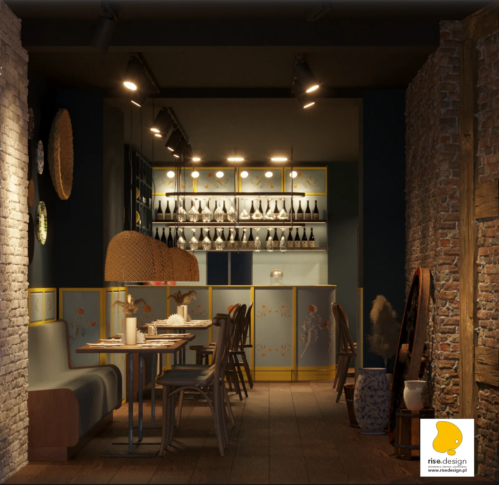 Gallery: render showing booth seating run with woven basket pendants and Ukrainian folk ceramic plate display on whitewashed wall