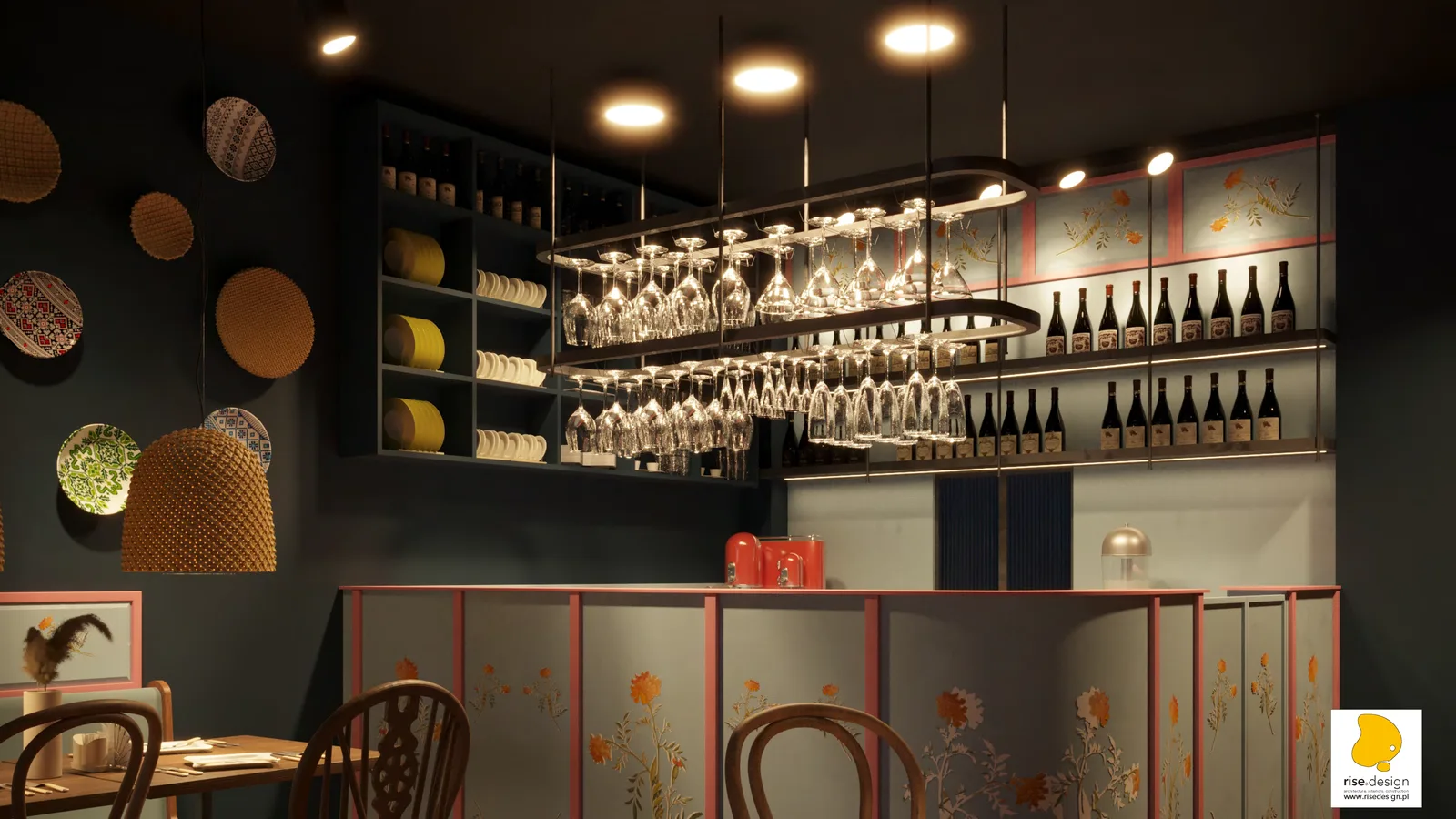 Gallery: visualization showing full restaurant panorama with both wall treatments, pendant lighting rhythm, and booth seating zones