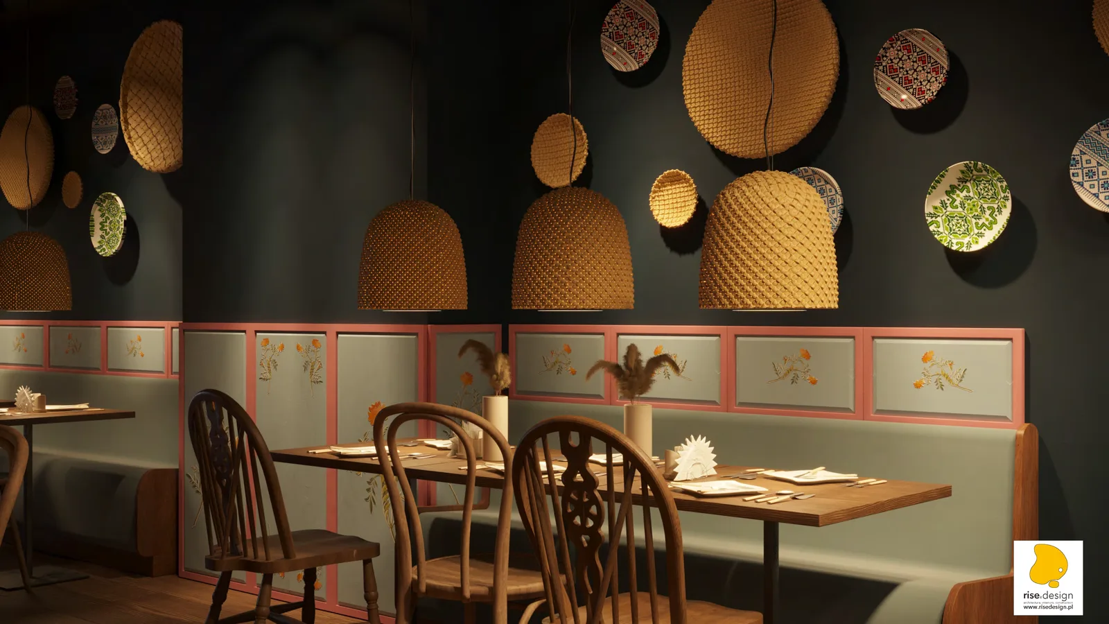 Hero: restaurant interior visualization showing dining room with exposed brick walls, folk art panels, woven pendant lamps, and atmospheric warm lighting