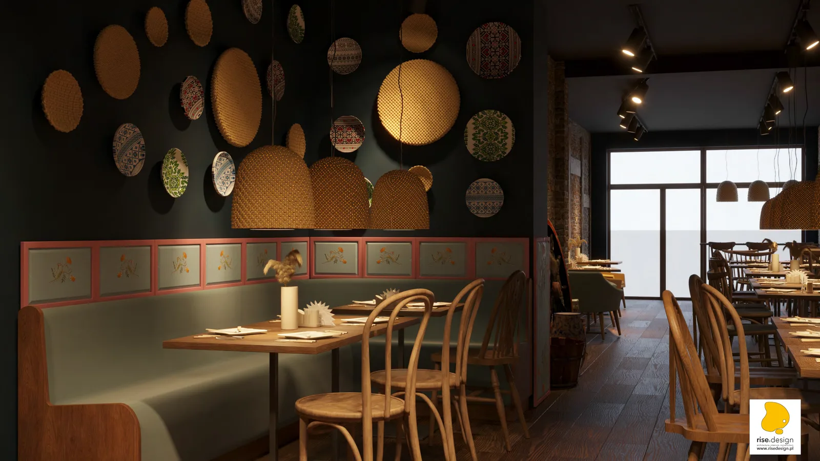 Hero: restaurant visualization showing bar zone and folk art panel system with hand-painted Ukrainian motifs in blue and pink palette