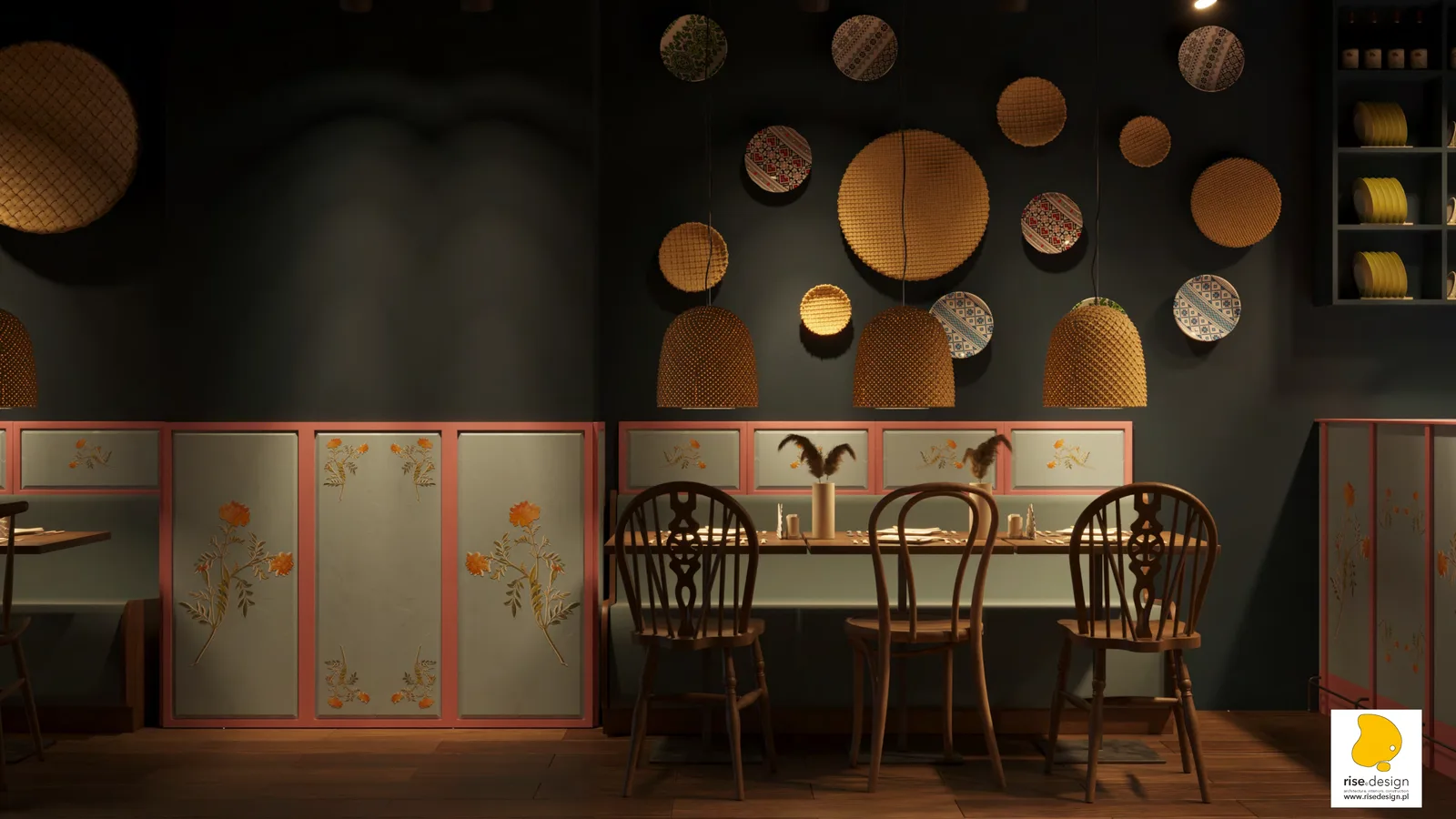 Hero: restaurant visualization showing full interior composition with booth seating, exposed timber ceiling, and Ukrainian decorative elements