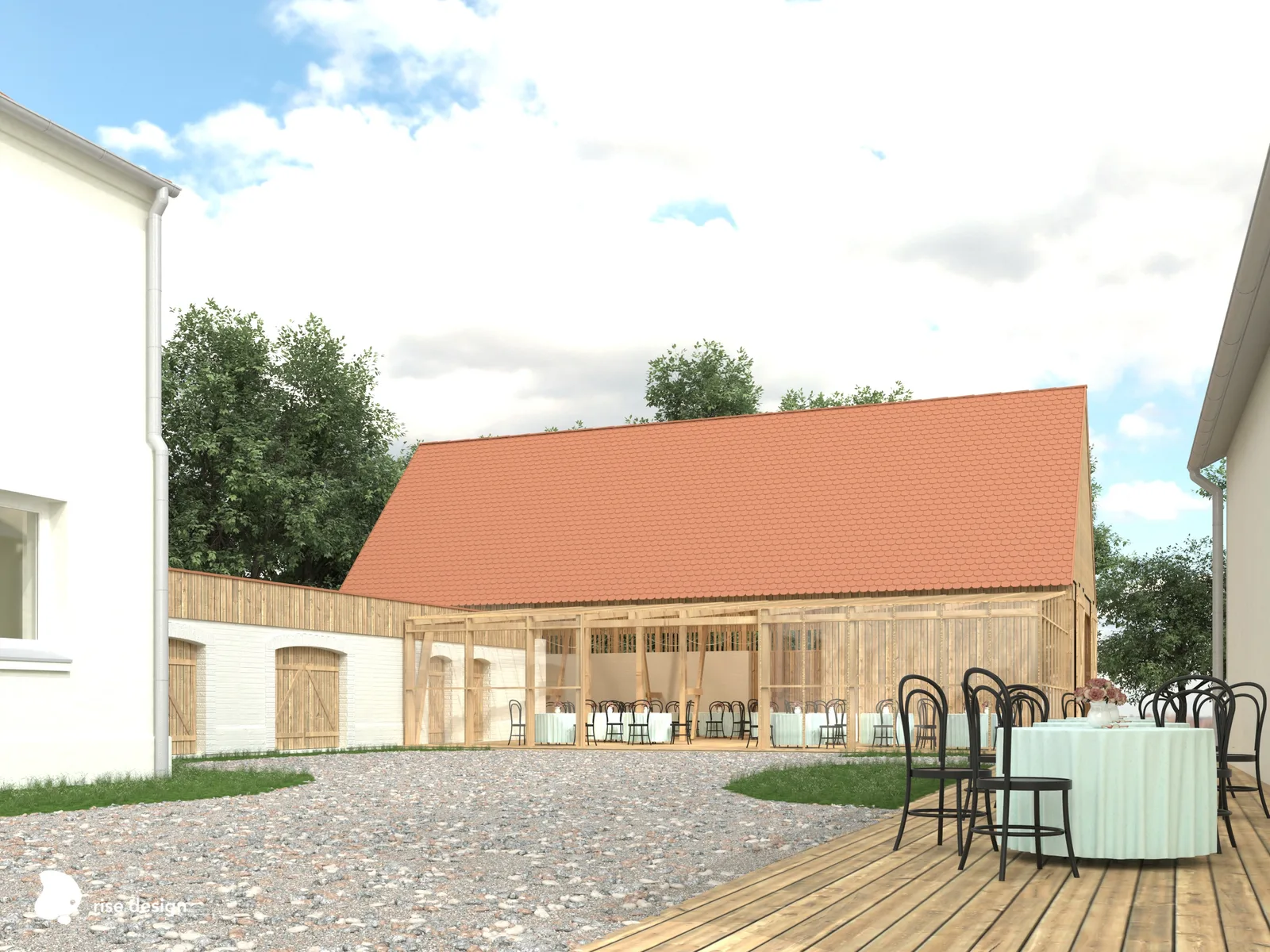 Stable daytime render showing oak board cladding texture and glass orangery connection to white service wing