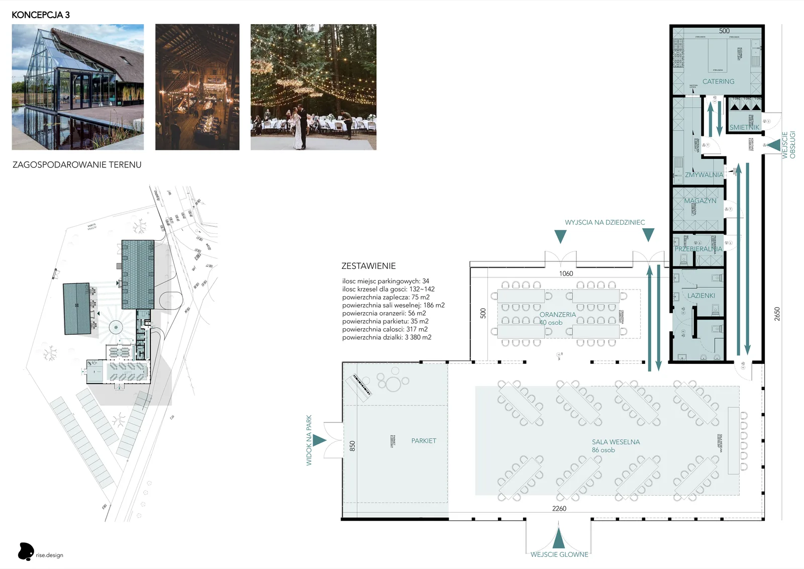Stable wedding hall competition board with floor plans, renders, and programme data