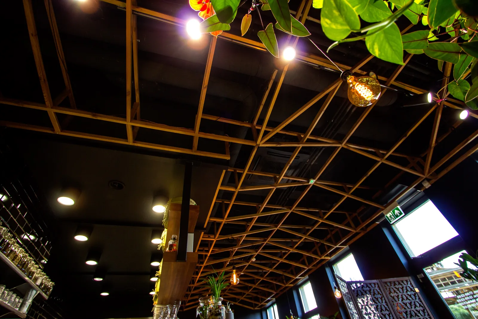 Interior: ceiling lattice from below — large pendant globe, plant leaves hanging, bar behind, unique angle