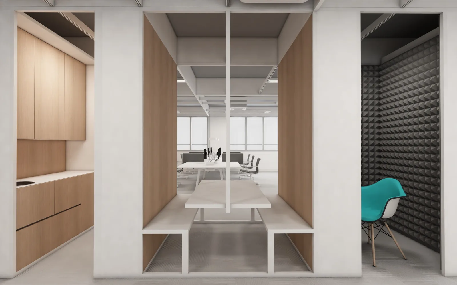 Detail: three interior zones showing wood cabinetry kitchenette, glass partition circulation, and textured accent wall with turquoise Eames chair demonstrating finish selections