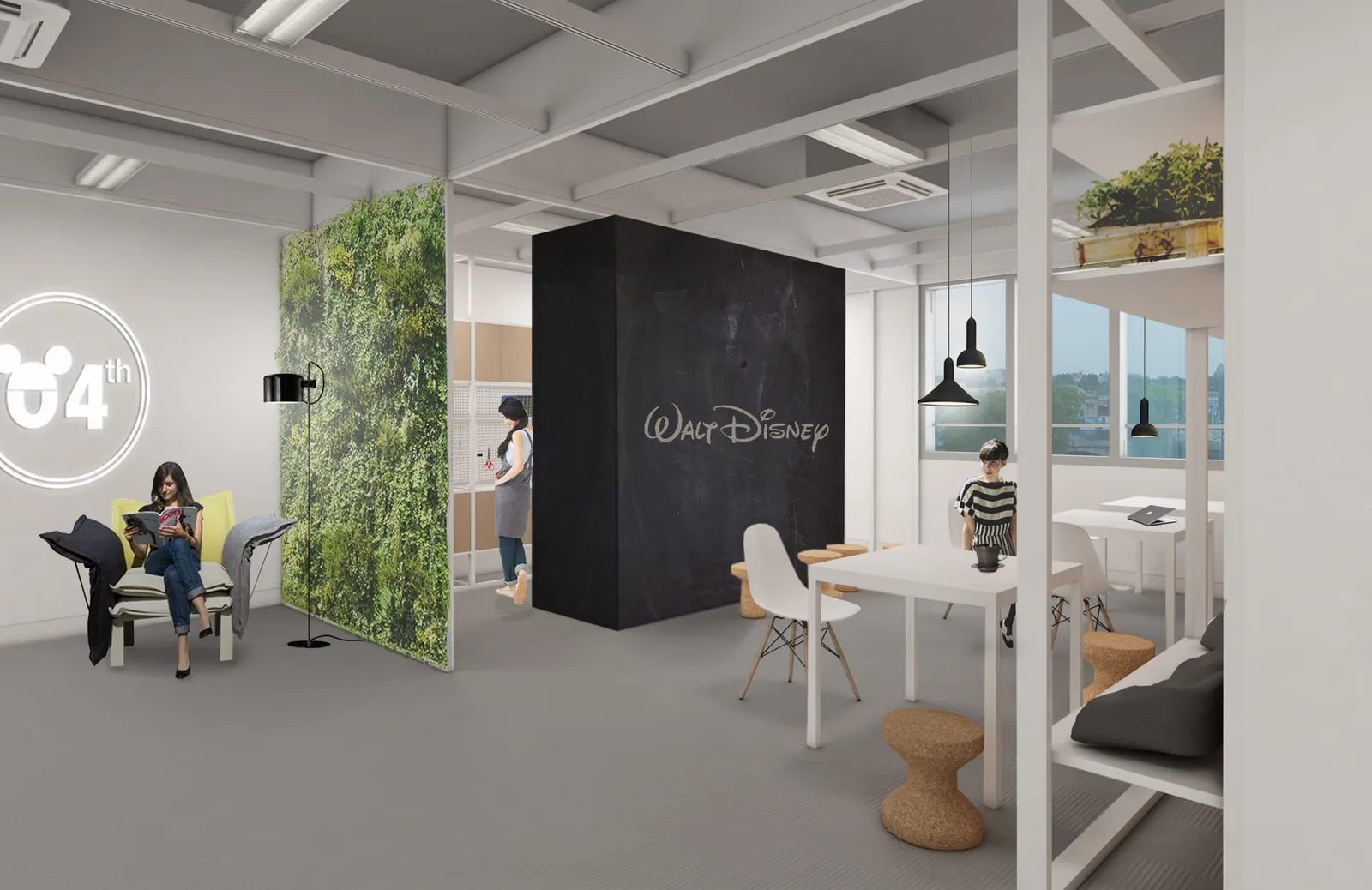Interior: workspace with iconic Walt Disney black box structure, green living wall, collaboration pods, meeting areas, and figures showing human scale across layered depth