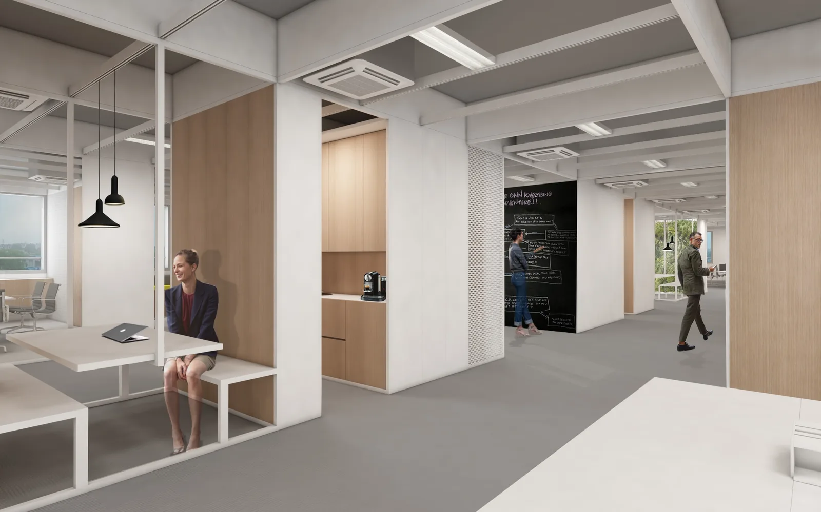 Interior: white structural elements framing different zones, enclosed wood and glass pods, chalkboard wall, figures in various work postures, and varied ceiling treatment