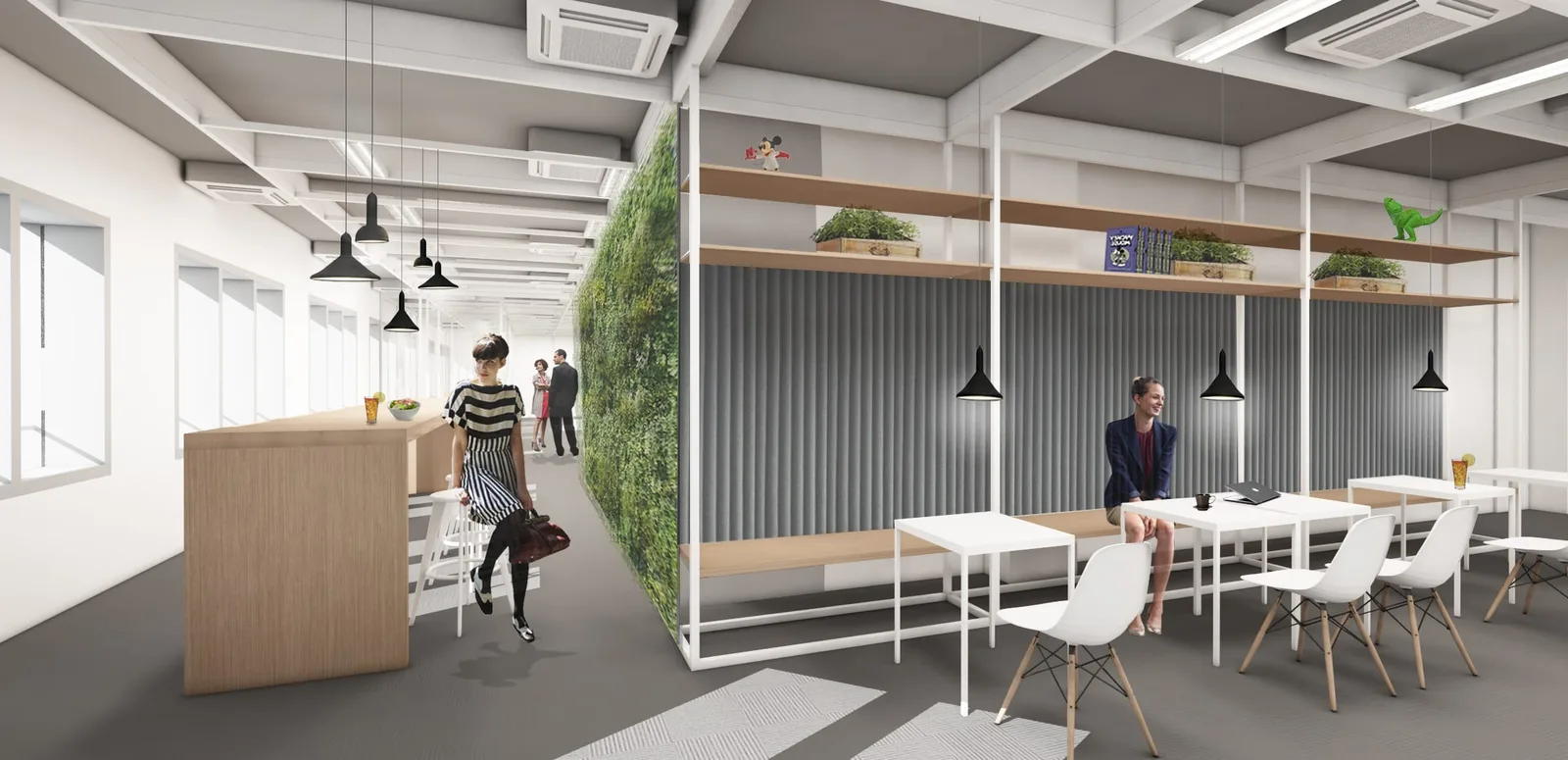 Interior: central open area with modular workstations and private pods, pendant lights suspended from ceiling, wood-clad columns and partitions across spacious floor plate