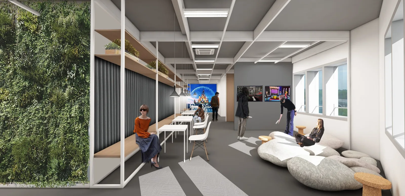 Interior: living green wall with modular furniture and collaborative lounge area, dining and social zones with pendant lights, generous ceiling height with exposed structure