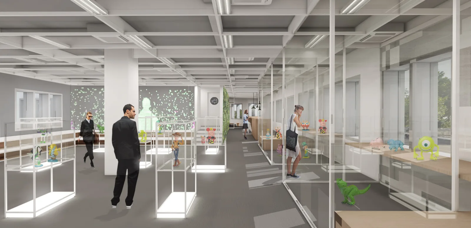 Interior: open-plan office with glass-partitioned collaborative zones, modular work pods, natural light from full-height windows, and people in business attire along corridor perspective
