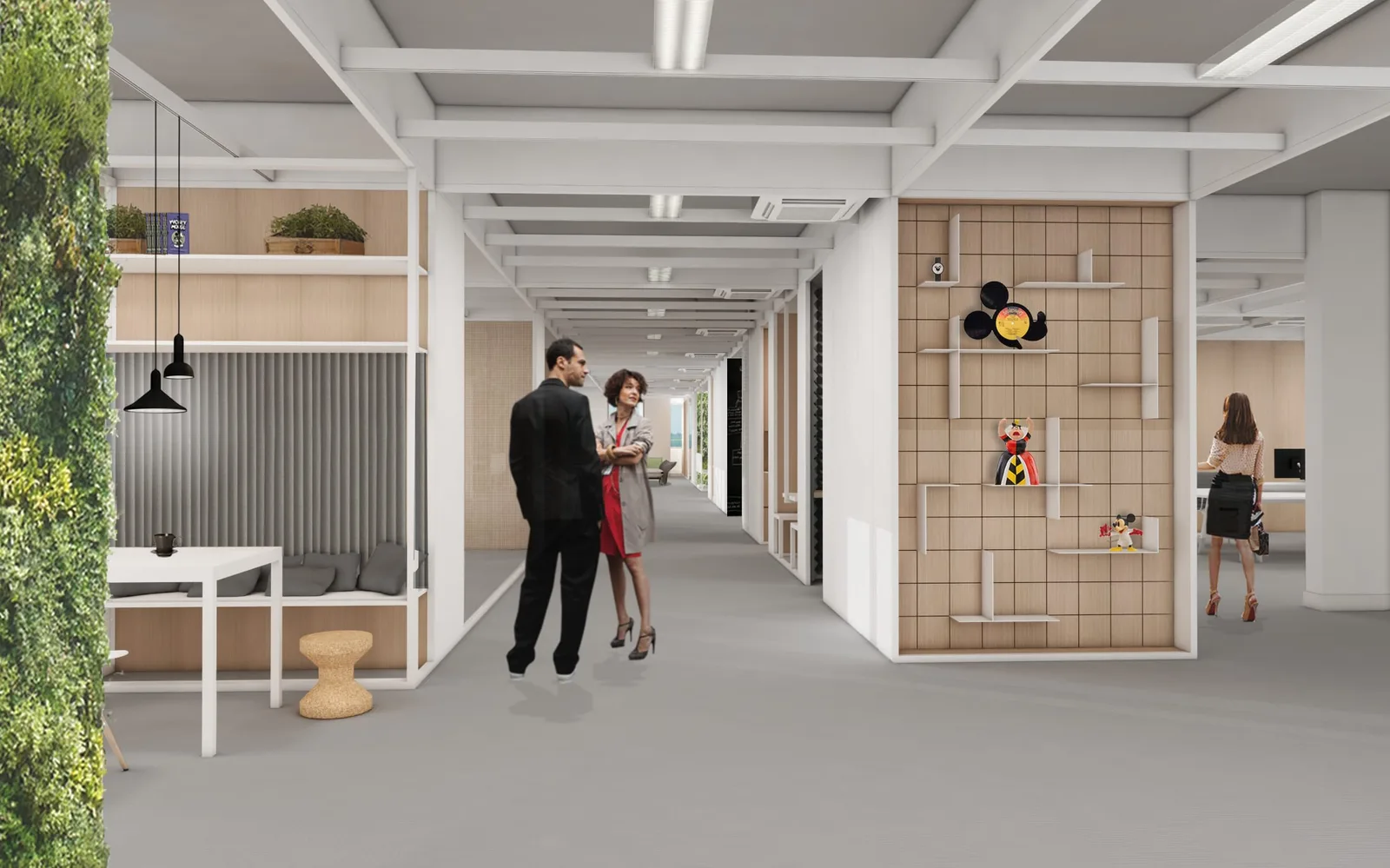 Interior: sectional view showing modular pods, living green wall on left, black Walt Disney branded central cube, various seating and work zones with figures demonstrating scale
