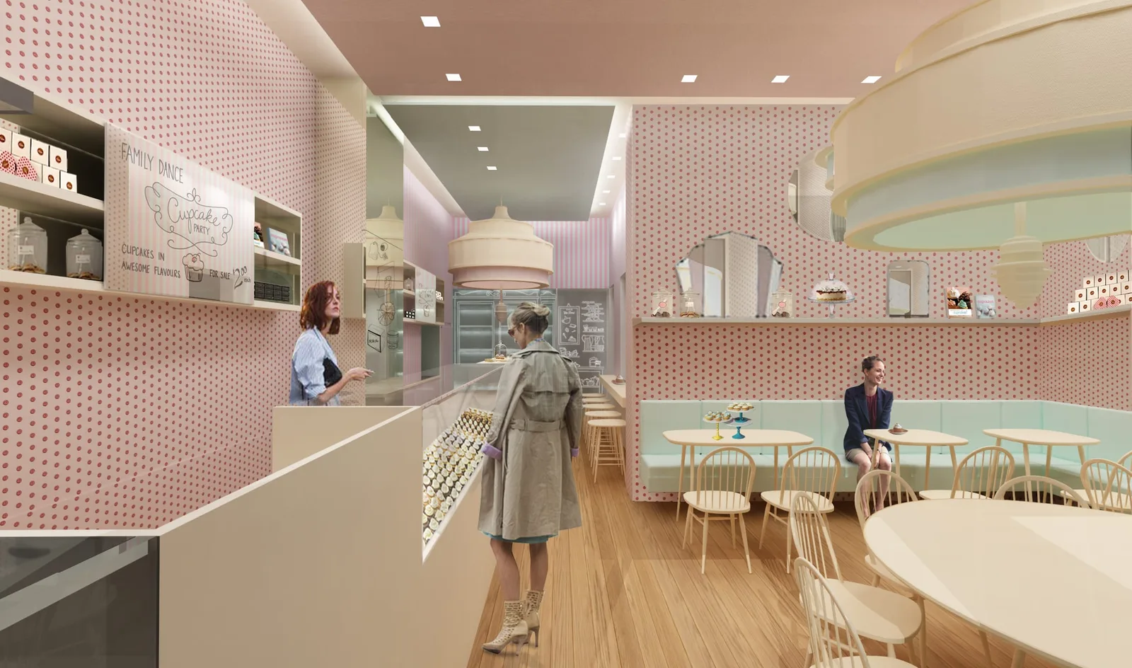 Interior: counter and service area with staff member, product display shelving, pink textured wall treatment, recessed ceiling with fixtures, and dining area visible in background