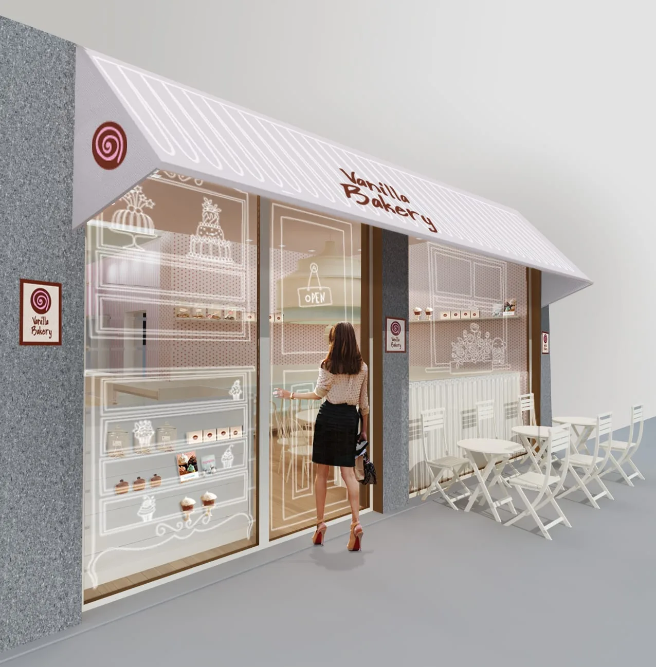 Exterior: storefront facade elevation showing white and grey exterior cladding, large display windows, white striped awning with branding, outdoor cafe seating, and adjacent Libreria Nova Lex