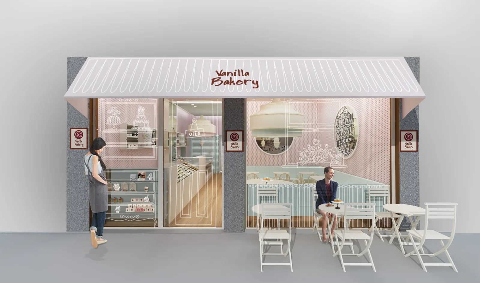 Exterior: front-facing storefront view with cream coloured exterior, Vanilla Bakery signage on awning, plate glass display windows, and white Chiavari chairs at empty cafe tables