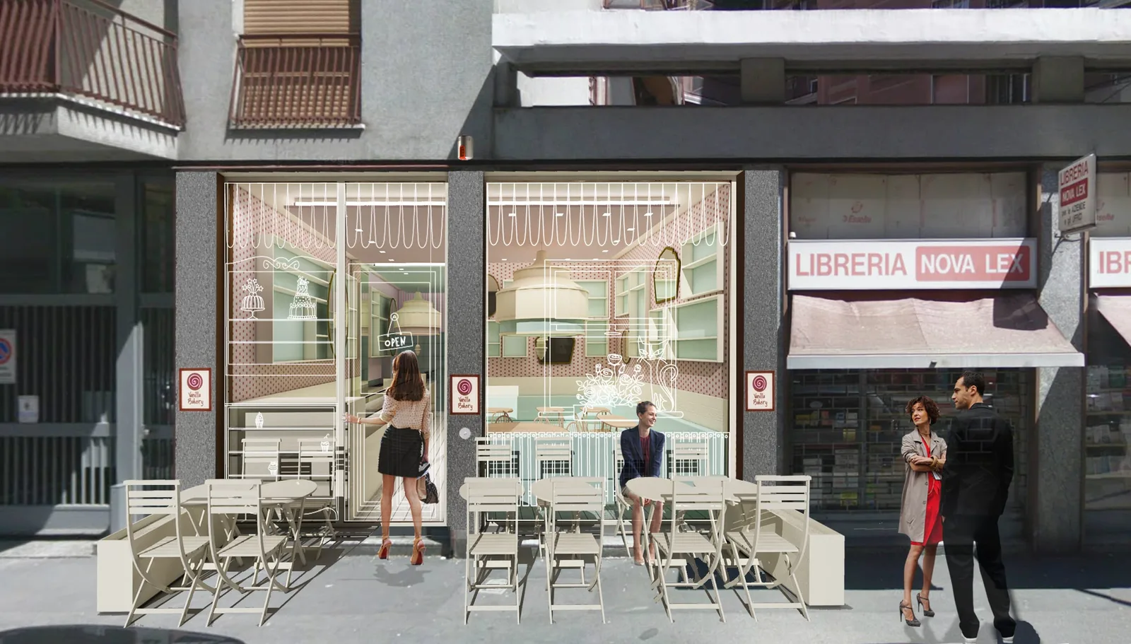 Exterior: street-level render of bakery within urban streetscape showing full facade with signage, outdoor seating, multi-storey residential buildings above, and adjacent commercial context