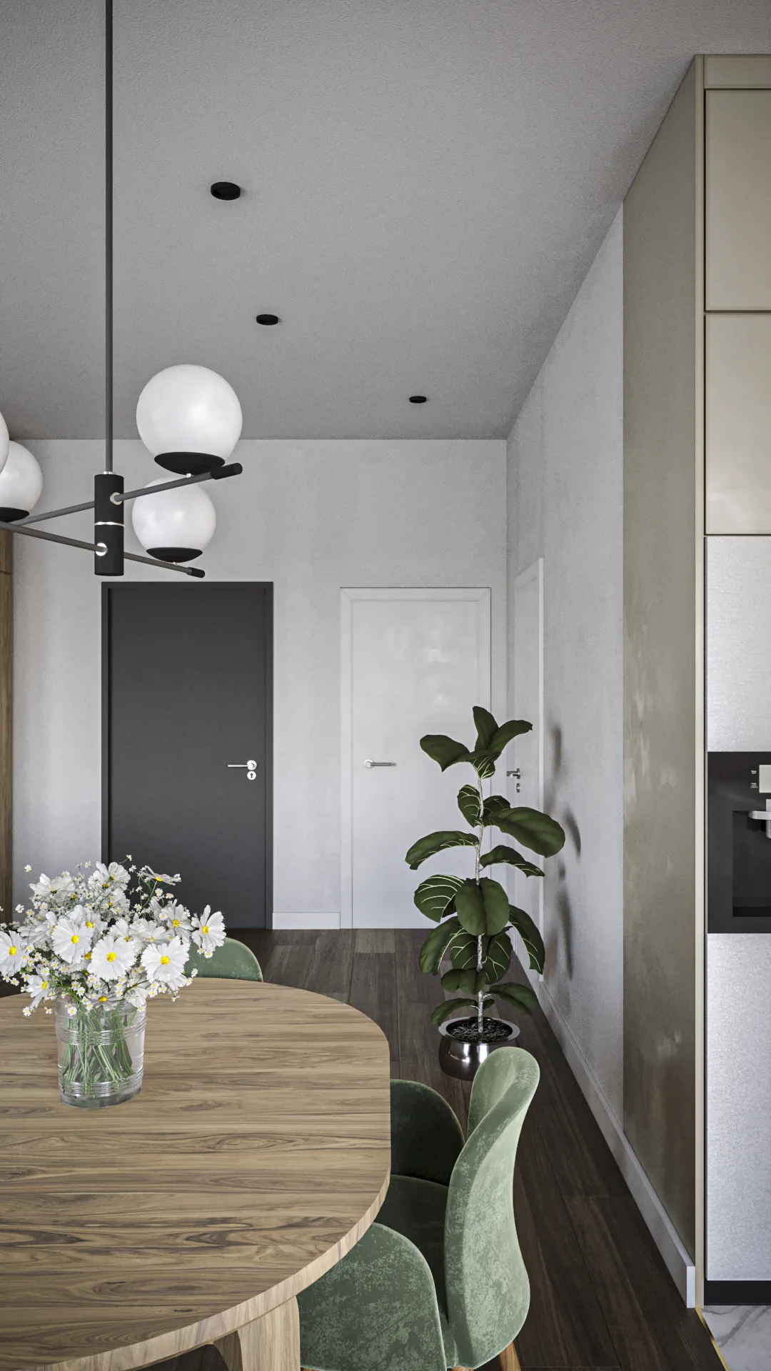 Dining zone corridor view render showing globe chandelier above oak table with flowers, dark anthracite entry door, fiddle-leaf fig, and tall kitchen cabinet wall beyond