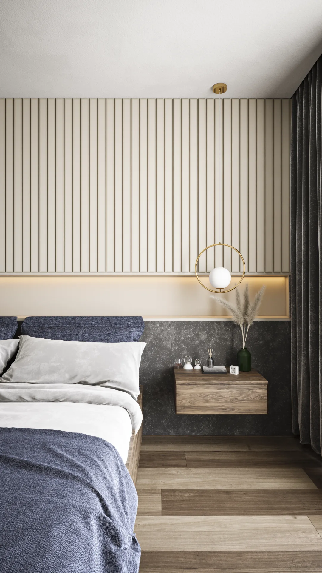 Master bedroom side angle render showing gold ring wall sconce detail, light wood slat panel, dark stone accent below headboard, denim blue bedding and walnut nightstand
