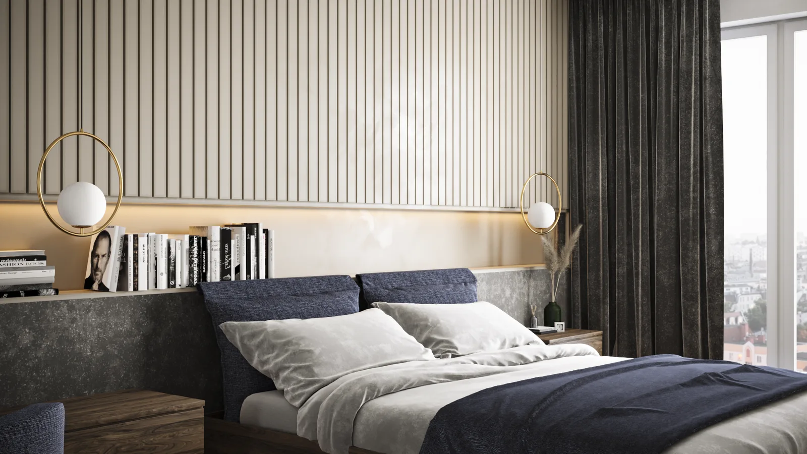 Master bedroom wider angle render with both gold ring sconces flanking the bed, light slat panel wall, dark olive curtains, and panoramic city view through floor-to-ceiling window