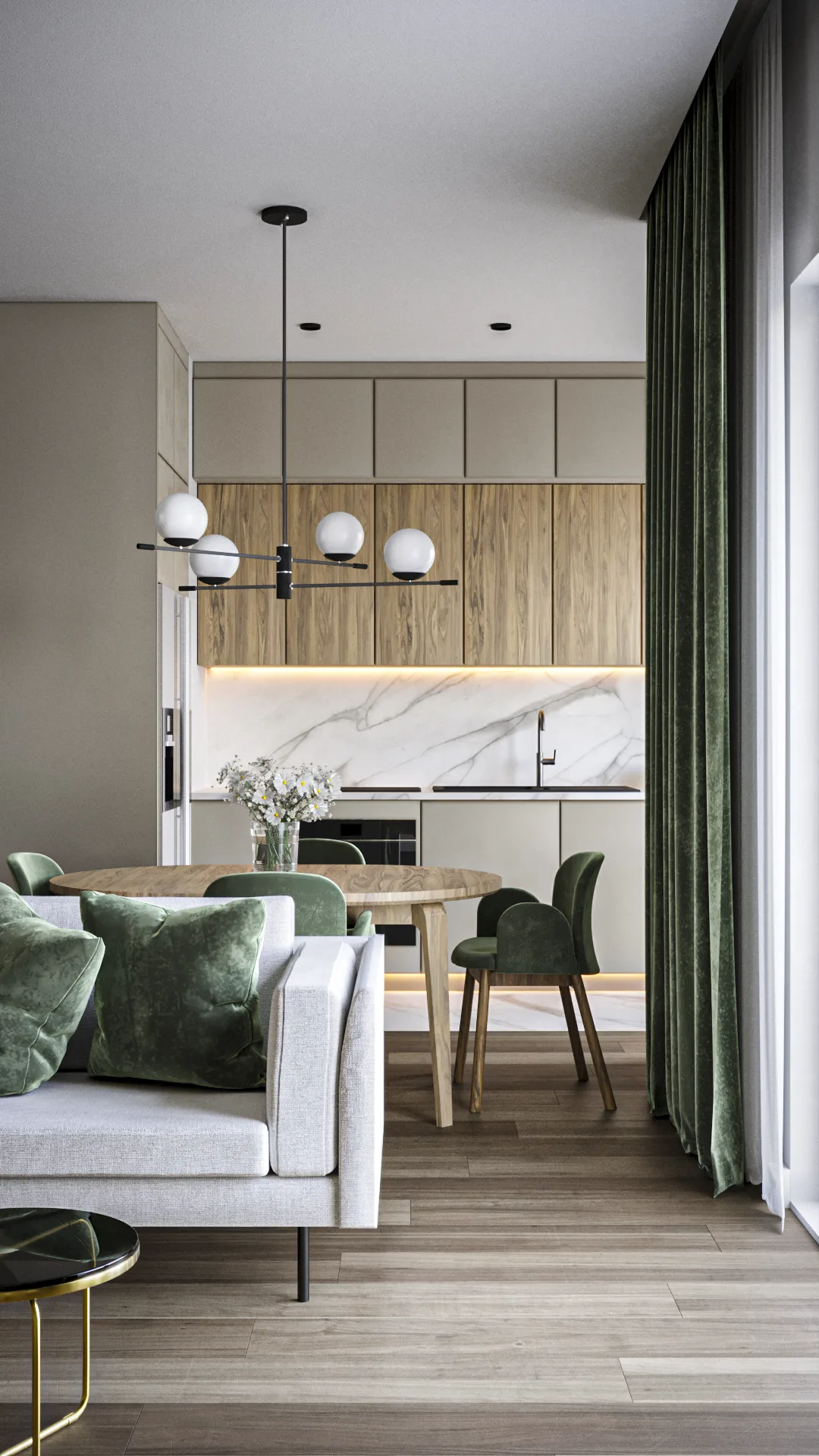 Living and kitchen render from sofa showing green velvet cushions, oak dining table with flowers, green chairs, marble backsplash, sage lower cabinets, and globe chandelier above