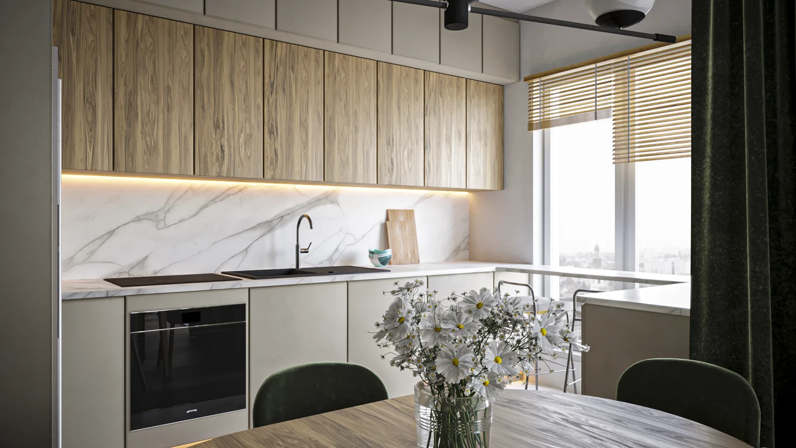 Kitchen wide render from dining table showing oak upper cabinets, Calacatta marble backsplash, black swan-neck faucet, built-in oven, daisy arrangement on oak table, green velvet chairs