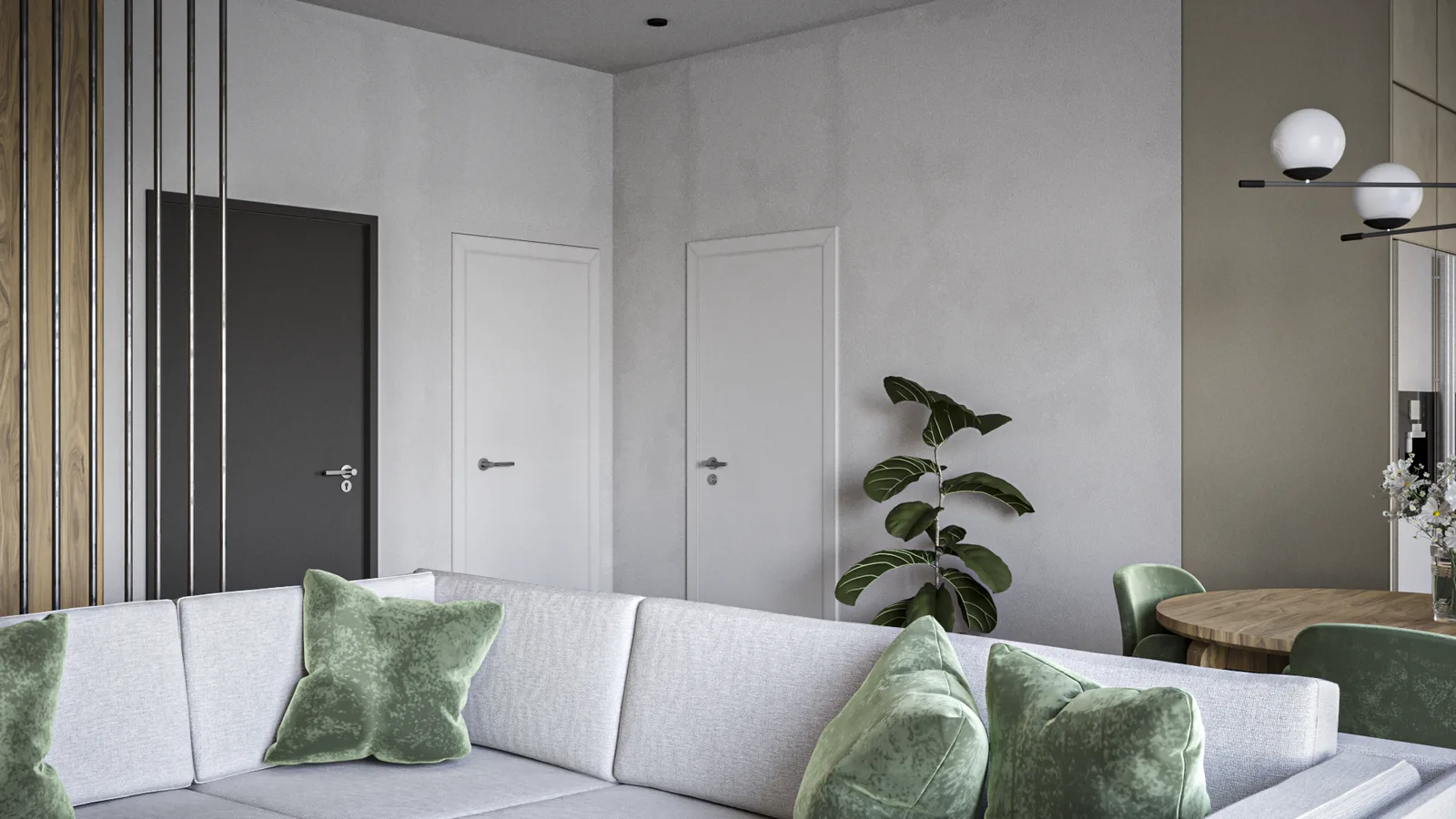 Living room entry view render showing grey sofa with green velvet cushions, dark anthracite entry door, white interior doors, vertical metal rod staircase divider, fiddle-leaf fig