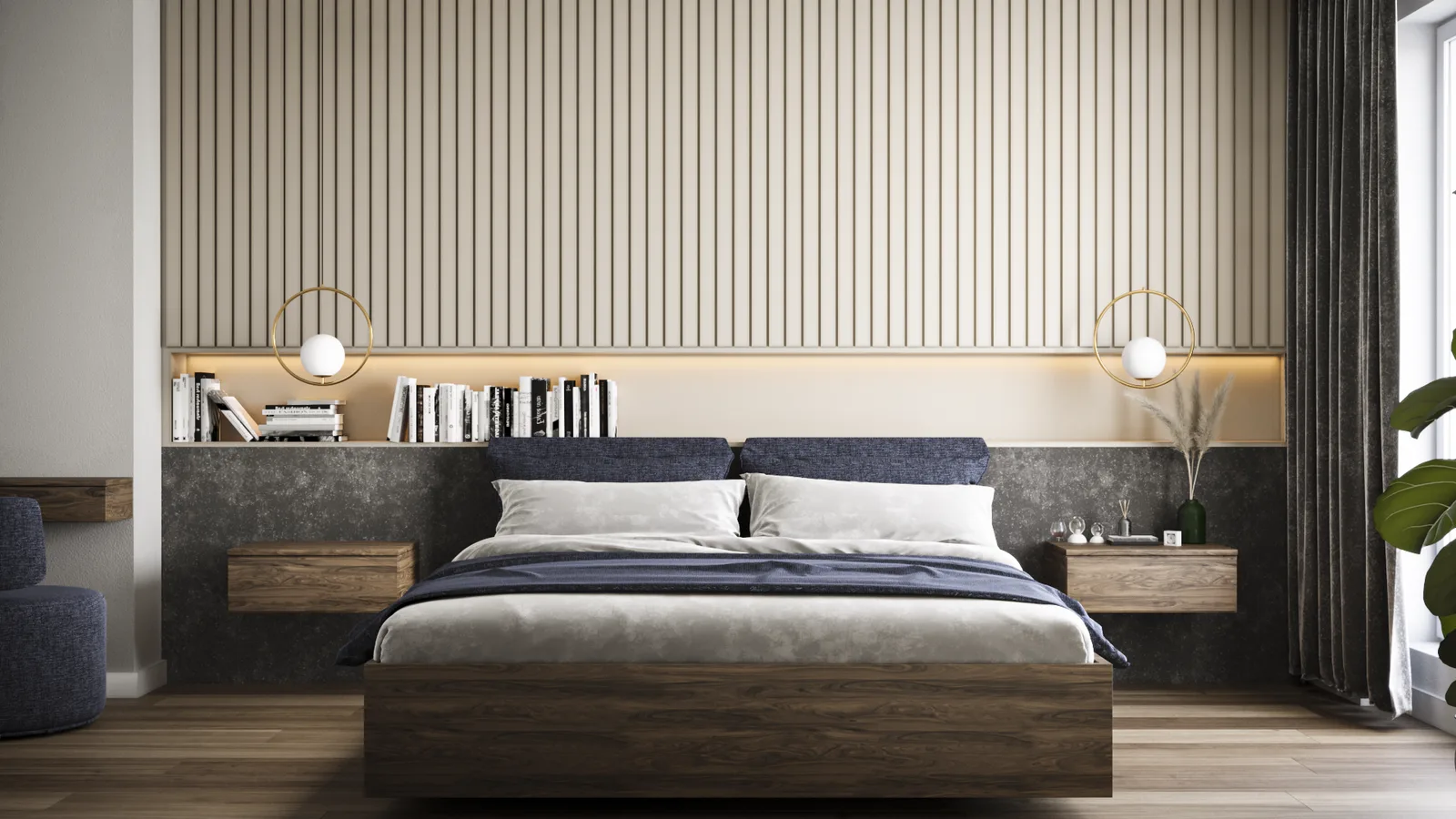Master bedroom render with light wood slat panel headboard wall, denim blue upholstered bed, paired gold ring wall sconces, dark stone accent panel, and walnut floating nightstands