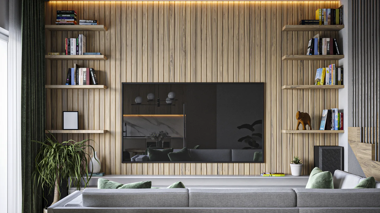 Living room TV wall render with full-height walnut slat panel, floating bookshelves, LED cove lighting, grey sofa with green cushions, and fiddle-leaf fig plant