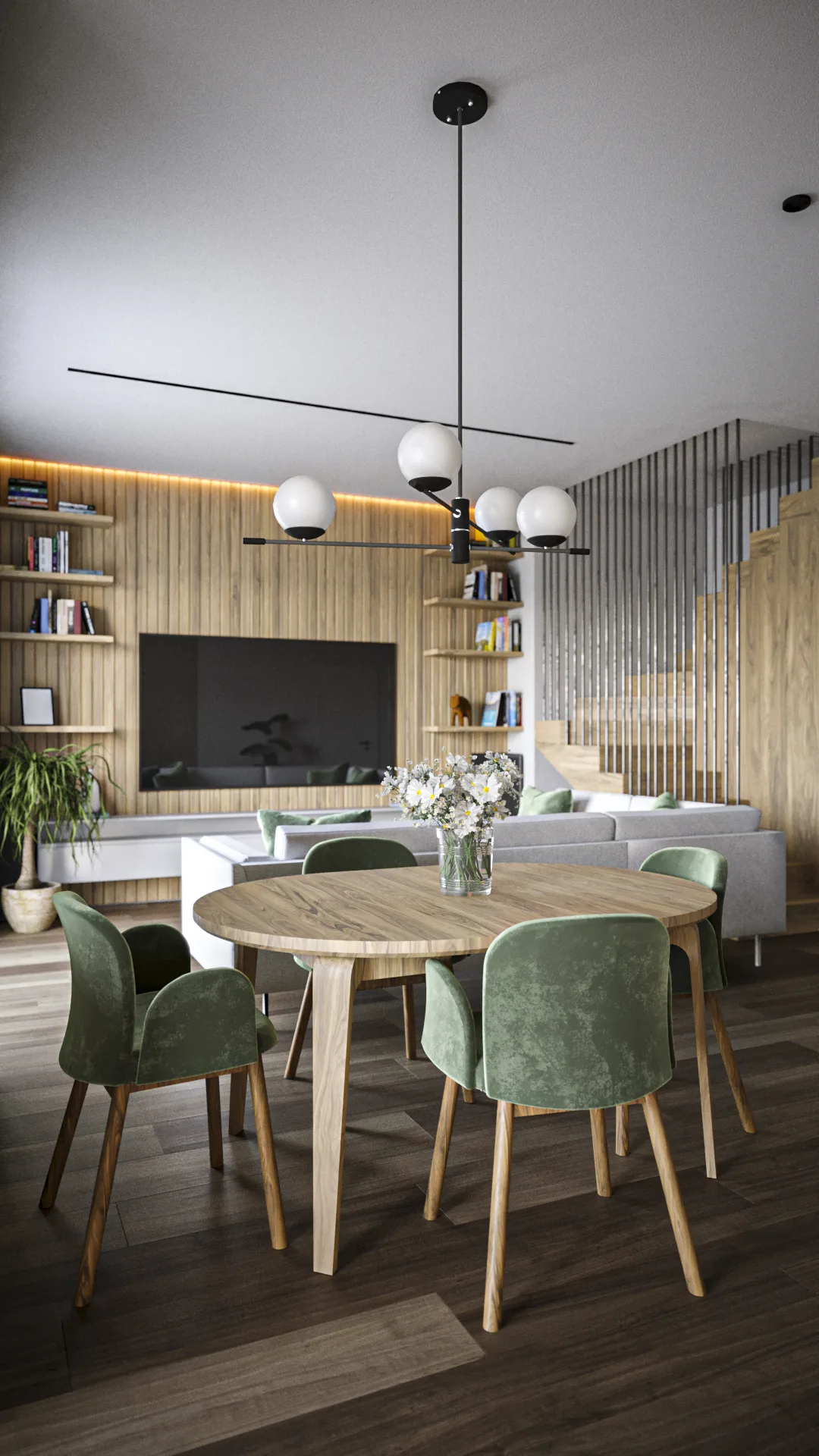 Dining zone render with round oak table, six forest green velvet chairs, black multi-arm globe chandelier, walnut TV wall and vertical rod staircase divider beyond