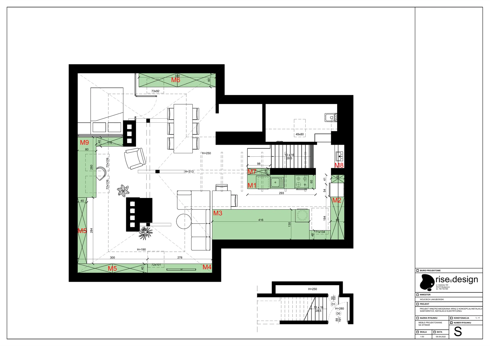 Drawing: UO general arrangement floor plan S at 1:50 showing open-plan living kitchen and dining on upper level, bedroom, single redesigned bathroom with vestibule, and custom furniture zones M1 through M9