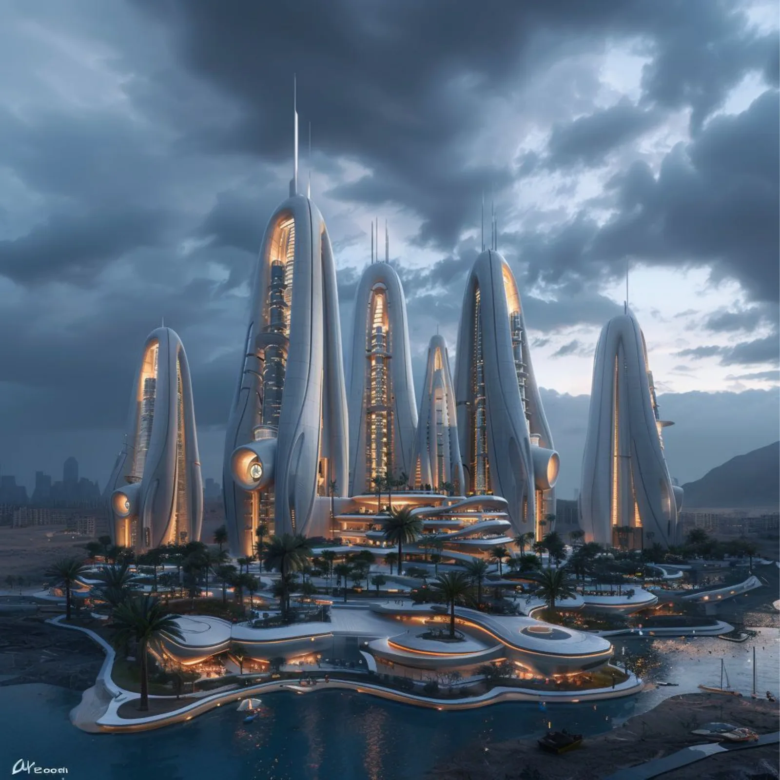 Render: eye-level dusk view of towers showing neo-futurist curved white shells with warm glazing glow and stepped podium terraces