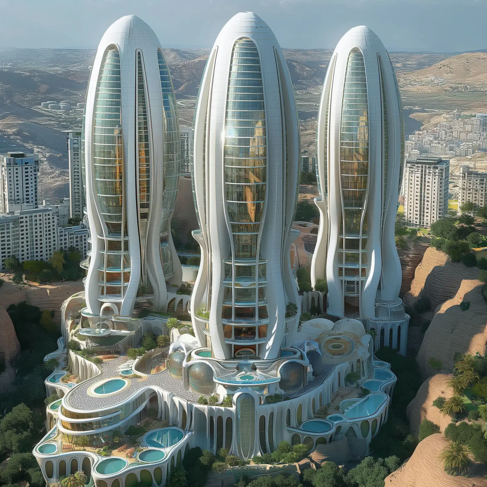 Render: night view of illuminated towers reading as lanterns, with glowing podium promenades, water features, and outdoor dining