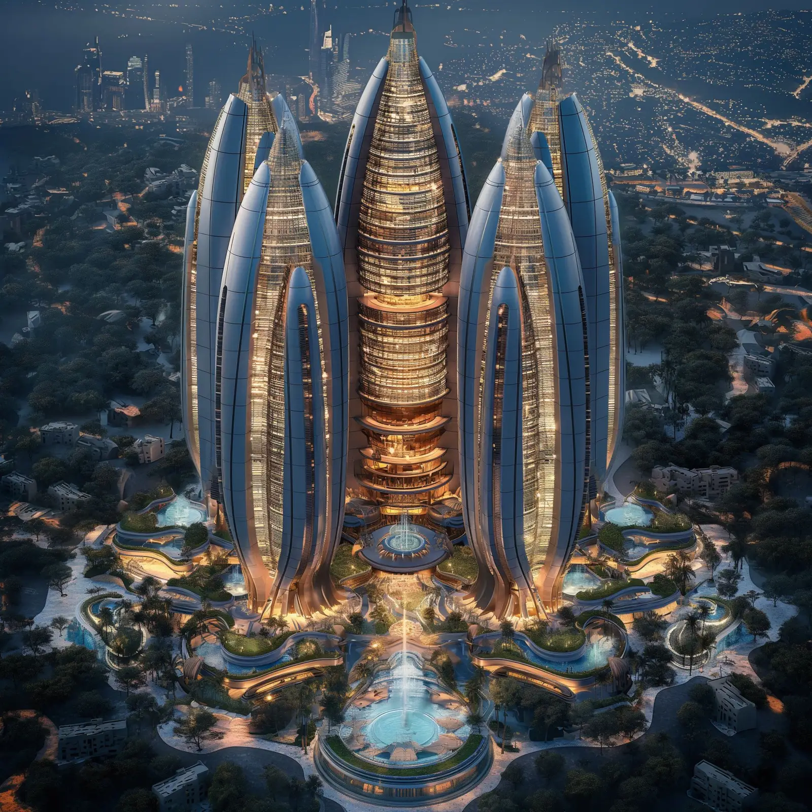 Render: daytime aerial view of slender ovoid towers on terraced podium with pools and tropical planting, set against Dubai skyline