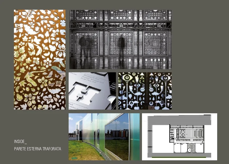 Design Evolution: perforated exterior wall references with laser-cut metal screens, ornamental grilles, and campus building facade treatment with floor plan