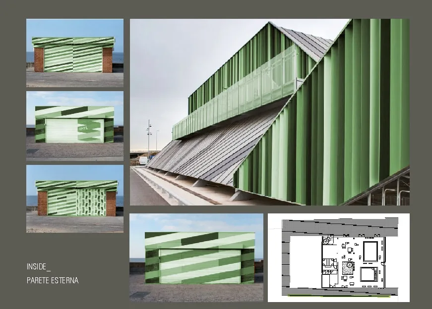Design Evolution: green perforated polycarbonate exterior panels on industrial building facades creating translucent branded skin, with floor plan overlay