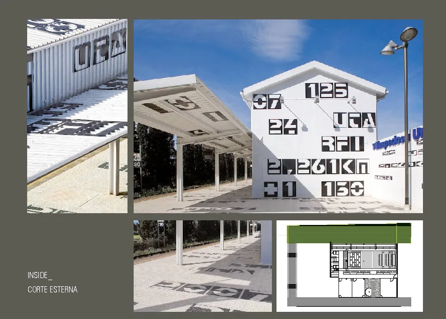 Design Evolution: exterior courtyard references with oversized typographic facades, number and letter installations on building exteriors in campus context