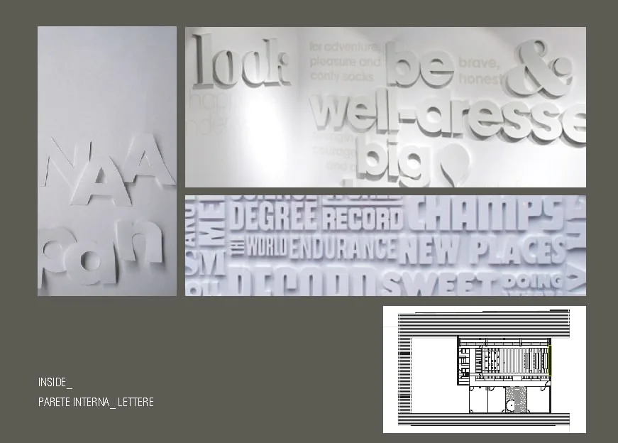 Design Evolution: interior wall references with three-dimensional white typography installations creating texture and shadow at various scales